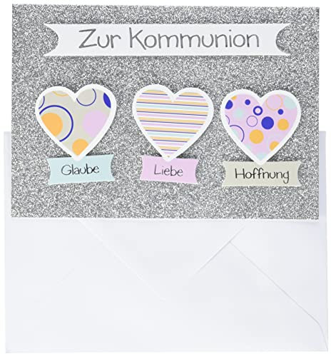 Perleberg Kommunionskarte in 11,6 x 16,6 cm - Hochwertige Glückwunschkarte zur Kommunion im Glimmermotiv mit 3 Herzen - Karte zur Kommunion Jungen - Ideal für Geldgeschenke, 7120022-2, Grau