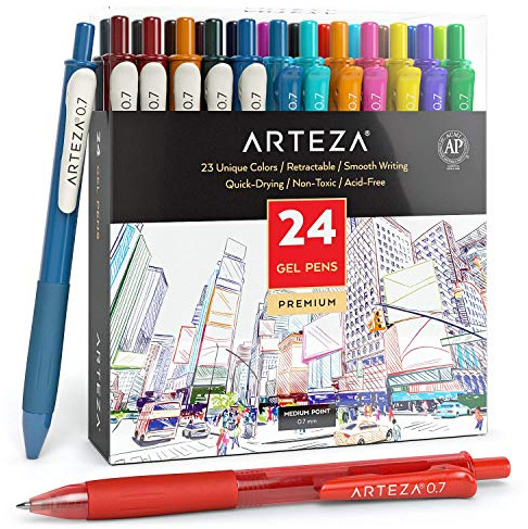 Arteza Colored Gel Pens, Pack of 24, 10 Vintage and 14 Vibrant Colors, Fine 0.7 mm Tip, Retractable, Art Supplies for Journaling, Drawing, Doodling, and Notetaking
