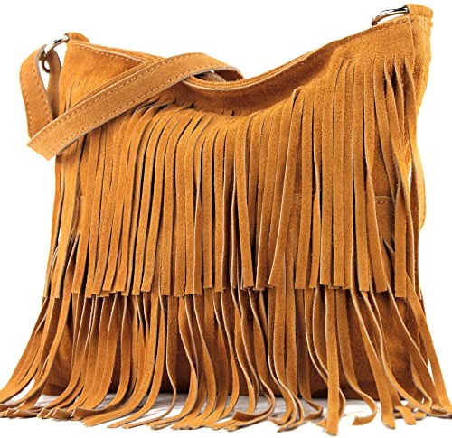 modamoda de T125 Damen Leder Wildleder Schultertasche Umhängetasche handmade in Italy, Farbe:Cognac