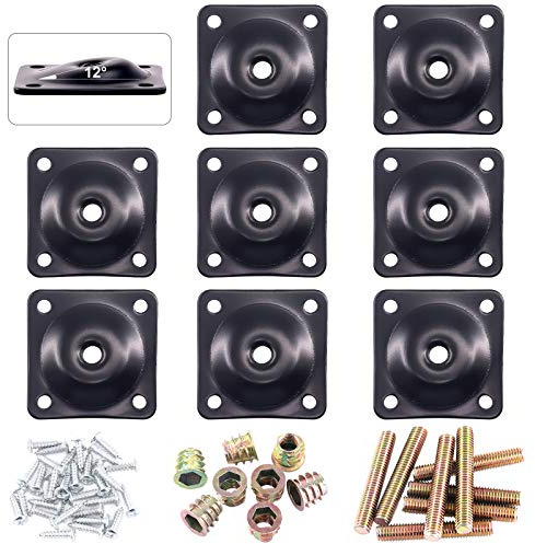 Glarks 8 Sets Black Furniture Leg Mounting Plates Set, 8Pcs 12 Degree Leg Attachment Plates with 40pcs 5/16 Hanger Bolts Screws for Furniture Sofa Couches Seats (12 Degree)