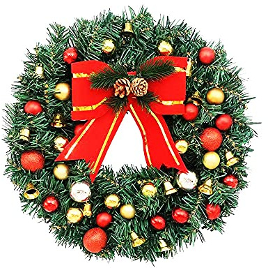 Ruixinxin 30cm Chrismas Wreath Handmade production for Front door hanging Home tree decoration for holiday party Wreath with Pinecone bow jingle & color ball