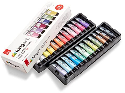 KINGART Metallic Acrylic Paint, Set of 24 Colors, 0.74 oz/22 ml Tubes with Storage Box, Rich Pigments, Non Fading, Non Toxic Paints for Artist & Hobby Painters, Art Supplies for Canvas Painting