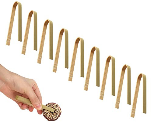 SAVITA 100 Piezas 10cm Pinzas Bambú Pan Desechables, Prácticas Naturales Tenazas de Cocina de Madera Mini Pinzas Desechables Tongs Kitchen para Tostadas Pan Servir Comida