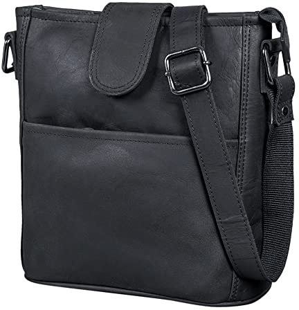 LEABAGS Athens Umhängetasche I Echtes Leder I Handtasche für Damen I Vintage Look I Umhängetasche I Shopper I Schultertasche I Multitasche I Schwarz - L (31x29x13 cm)