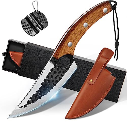 OOKUU Coltello da chef, 5 pollici a mano forgiato coltelli da cucina con affilacoltelli, coltelli da cucina affilati disossamento coltelli con fodero in pelle e cordino, set di coltelli chef