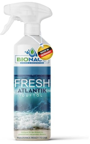 BIONACO Fresh Duftöl Altantik, 500 ml Raumerfrischer Spray für Auto & Wohnung als Geruchsneutralisierer, Meeresbriese Lufterfrischer Wohnung, Frische & Hygiene nach der Reinigung, Anti Rauch Spray