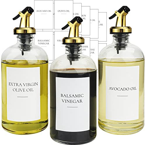 Ezebesta 3PCS Oil Vinegar Glass Dispensers 16.23oz Anti-corrosion Cooking Oil Bottles with Rust-proof Golden Pumps and Oil-proof Pre-printed Labels Kitchen Organization
