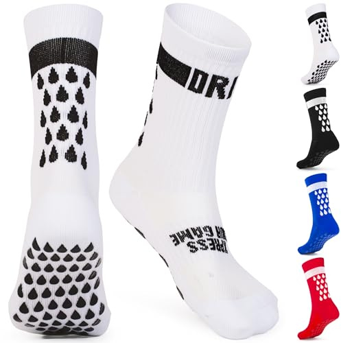 DRIPsox® Football Grip Socks - 6 Sizes for Kids, Men, Junior & Women (XXS:8C-11.5C, XS:12C-2.5, S:3-5.5, M:6-8.5, L:9-11.5, XL:12+) - 1 Pair (XS) White Grip Socks Football - Anti Slip & Elite Comfort