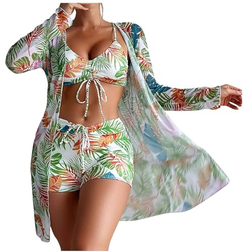 Womens Bikini Set with Cover Up Sale Clearance Push Up 3 Piece Swimming Costumes Ladies Floral Print Swimwear Twist Front Bathing Suits Top Padded Beachwear UK