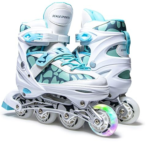 Scale Sports Inline Skates – Mint Green – Size S (UK C11–1 / EU 29–32/175–200 mm) – Adjustable, Light-Up Front Wheels, Roller for Kids & Girls