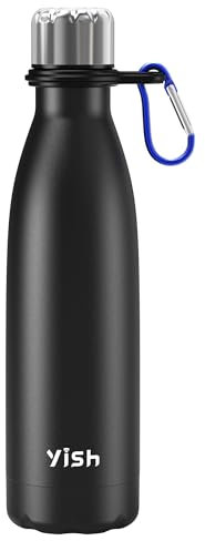 YISH Botella Termica 500ml Botella Termo: Botella Agua Acero Inoxidable, Cantimplora,10H Frio/Calor con Mosquetón para Deporte, Gimnasio, Oficina, Escuela, Viaje, Exterior, Negro