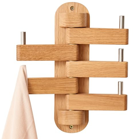 TREOAKWIS Garderobenhaken Eiche, 5 Haken Wandgarderobe Kleiderhaken Wand Holz für Mäntel, Jacken, Schals, Handtaschen, Hakenleiste Holz Für Wohnzimmer, Schlafzimmer (Natürlich)