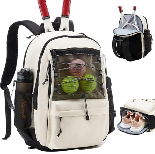 LANBX Tennis Bag, Tennis Backpack for Women Men 2 Rackets with Insulated Pocket Shoe Compartemnt for Pickleball Tennis Badminton (Beige)