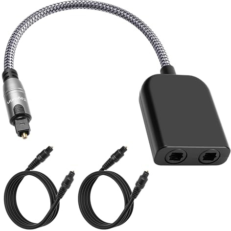 Digital Optical Adapter Splitter 1 in 2 Out, Toslink Digital Audio Fiber Optic Cable Splitter 1x2 for Soundbar, Headphones,TVs -with 2 Optical Audio Cables 6 Feet