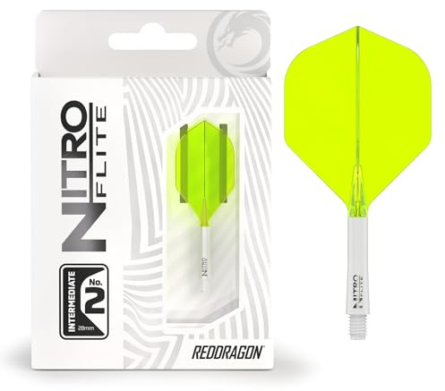 RED DRAGON Darts – Nitro Flite Integrated Flight & Shaft System – No.2 Shape and Design – White & Yellow Colour, Intermediate Length