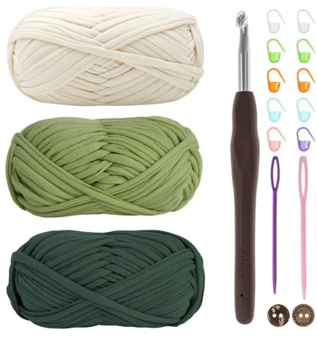 Lot de 3 pelotes de fil à crochet épais pour t-shirt avec crochet de 6 mm, parfait pour les projets de crochet, pour les débutants, tissu élastique adapté pour les loisirs créatifs