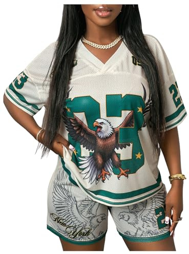 BEAUDRM Women's 2 Piece Outfits Jersey Shirts Number Letter Graphic V Neck Tee and Shorts Tracksuits Multicoloured Medium