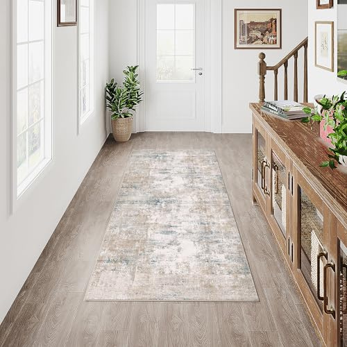 HUGEAR Beige Blau Läufer Flur Teppich 60x180cm Waschbarer