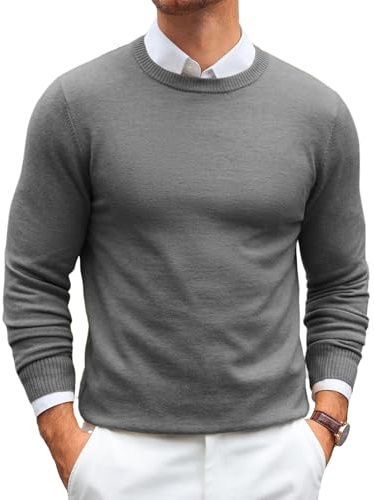 Runcati Jersey de punto para hombre de manga larga, cuello redondo, de punto fino, ajuste regular, suéter básico de un solo color, ligero, camiseta de punto para hombre, gris oscuro, XL