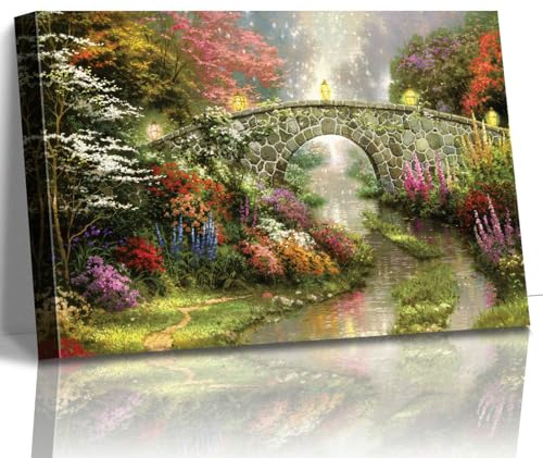 STUDIO HAVEN Thomas Kinkade Canvas Wall Art, Flower Filled Stream Stone Arch Glowing Lanterns Misty Ambiance Oil Painting Poster Rustic Landscape Wall Decor, Framed Prints for Home Decor, 36x24Inch