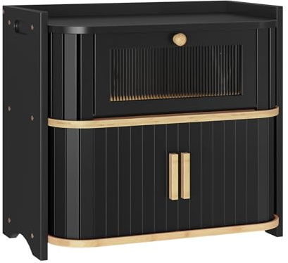 HOOBRO Bread Box, 2-Tier Bread Storage Container, Food Storage Bin for Kitchen Countertop, Bread Storage Box with Acrylic Flip-Down Door and Sliding Roller Shutter Door, Black and Natural EBK16MB01