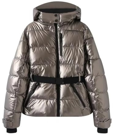 JuHongLeMin Giacca da sci da donna, impermeabile, isolata, calda, invernale, con cappuccio, antivento, giacca termica da snowboard, slim fit, Argento, S