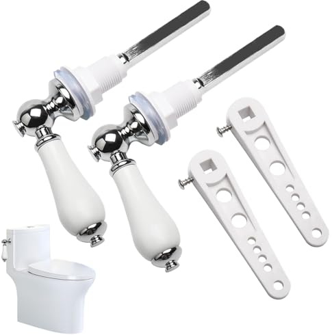 2 PCS Ceramic Toilet Flush Handle, Chrome Plated Toilets Cistern Handle Lever Flush System Replacement Kit,Alloy Cistern Tank Lever for Most WC Bathrooms,White