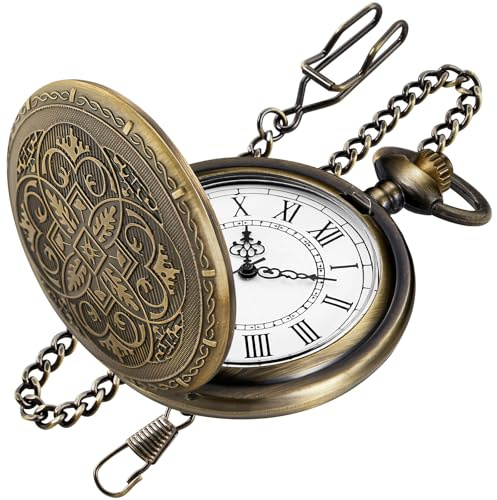 Tiong Bronze Vintage Ornate Engraved Pocket Watch with Chain Men's Quartz Pocket Watch, Classic Quartz Pocket Watches for Men