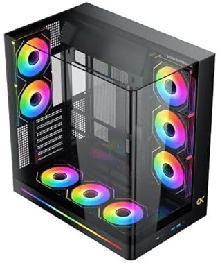 XIGMATEK Pano II E-ATX - Caja de torre media con vidrio templado curvado monobloque, 8 ventiladores ARGB de 120 mm y caja de control remoto PWM, soporte vertical para GPU incluido (negro (EN48418))