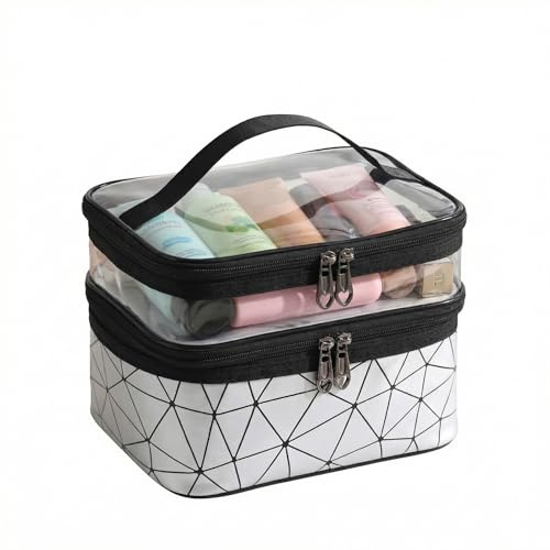 Neceser Maquillaje Grande 23x17x16cm, Doble Capa, Estuche Bolsa de Maquillaje Transparente e Impermeable con Compartimento para Brochas, Organizador de Viaje para Mujer y Niñas