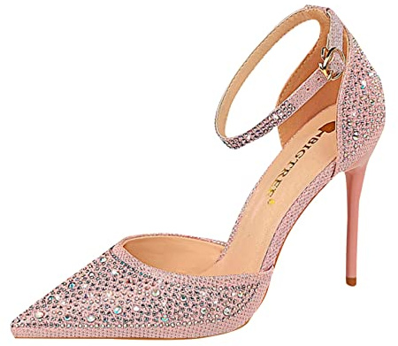 Glitterpumps dam eleganta höga klackar med strass ankelremmar klack skor glänsande brudskor spets kvällsskor stilettos bröllopsskor 12 cm klackhöjd högklackade skor