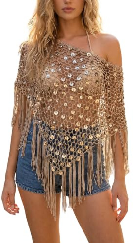 Acrawnni Womens Fringe Sequin Crochet Knit Poncho Tops Hollow Out Knit Shrug Shawl