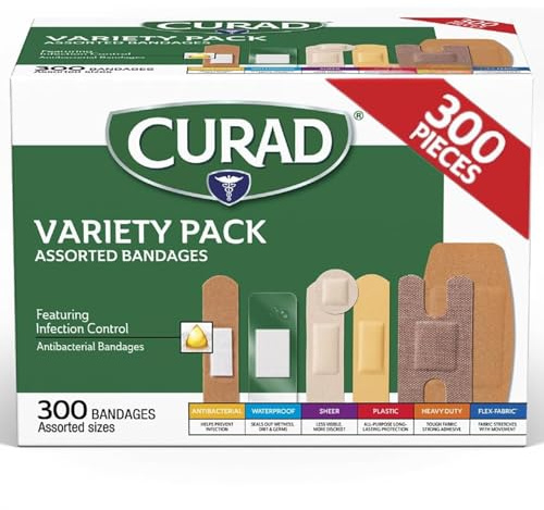 CURAD Assorted Bandages Variety Pack, 300 Count, 6 Styles Including Antibacterial, Waterproof, Sheer, Plastic, Heavy Duty & Flex-Fabric, Protects Scrapes, Cuts & Burns, Latex-Free