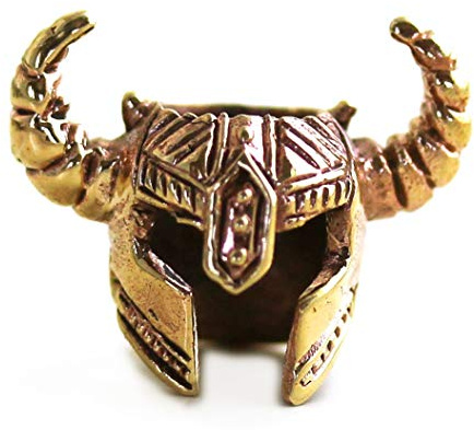 LynnAround Bronze Norse Viking Helmet Horns Beard Beads Rings Medieval Hair Jewelry