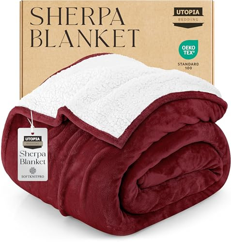 Utopia Bedding Coperta Sherpa [Rosso, 228x288 cm] - Coperta reversibile in pile caldo e spesso 480 GSM per letto, divano, divano, campeggio e viaggi