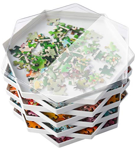 Becko Stapelbare Puzzle Sortiertabletts Puzzlesortierer mit Deckel Puzzle Zubehör für Puzzles bis zu 1500 Teile, 8 sechseckige Tabletts (weiß)