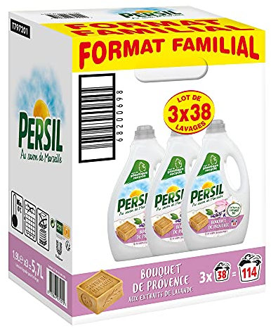 PERSIL Lessive Liquide, Bouquet de Provence aux extraits de Lavande Bio et au Savon de Marseille, Formule douce testée dermatologiquement, Format Familial Lot 3x1.9L (114 Lavages)