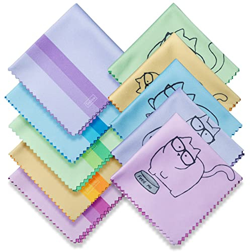 10 Pack Cute Kitty Cat Design Multicolor Microfiber Cleaning Cloths for Cleaning Eyeglasses Lenses Sunglasses and Cell Phone Beautifully Designer Colors Blue Pink Yellow Purple Green Cloth Wipes