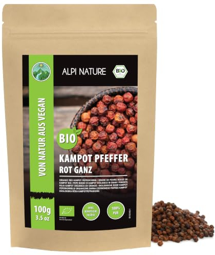 Alpi Nature Kampot Peppar Röd BIO 100g, Ekologisk Hela Pepparkorn, Kampot Röda Pepparkorn