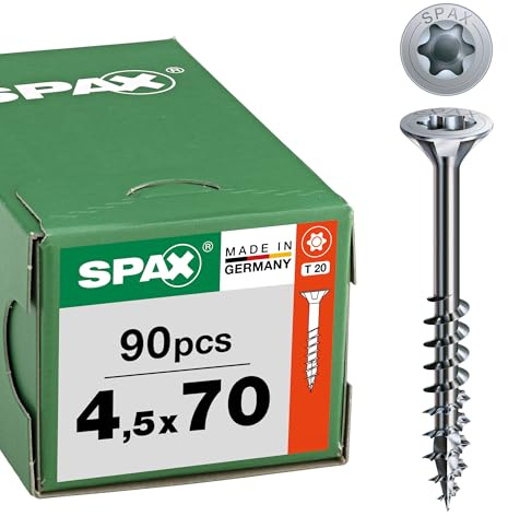 SPAX Tornillo Universal 4,5 x 70 mm, 90 pzas., T20, Rosca Parcial, WIROX | Tornillos para madera con punta 4CUT y sistema T-STAR plus, cabeza avellanada MULTI para bricolaje y profesionales