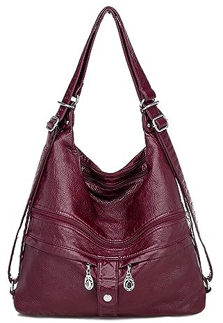 NOTAG Handtasche Damen Multi Tasche PU Leder Hobo Schultertasche 3 in 1 Multifunktionale Rucksack (Rot-Neu)
