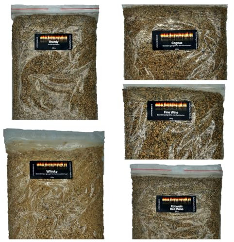 Juego de serrín para ahumar y ahumar (5 barricas de roble, 200 g, serrín tinto, serrín ahumado, serrín, coñac y whisky, 1 kg)