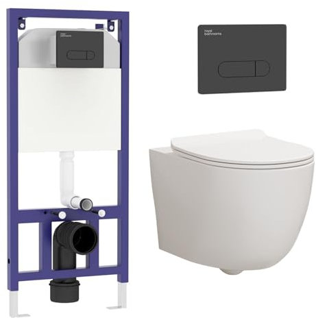 Wall Hung Toilet Pan Dual Concealed Cistern Frame Soft Close Seat & Black Flush Plate Abacus Rimless Toilet