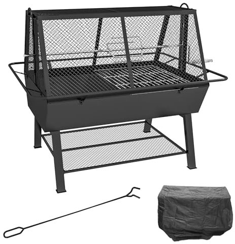 Outsunny 3-in-1 BBQ Rotisserie Grill Roaster Fire Pit with Storage Shelf, Mesh Lid and Poker, Charcoal Chicken Spit Roast Machine with Waterproof Cover for Outdoor Picnic Camping, Black