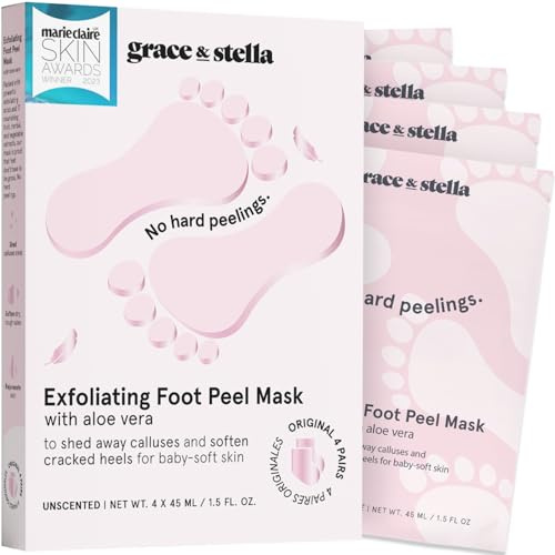grace & stella Award-Winning Foot Peel Mask - Foot Peeling Mask with Aloe Vera - Moisturizing Foot Mask for Dry Cracked Feet - Foot Exfoliator for Baby Soft Feet (4 Pairs, Unscented)