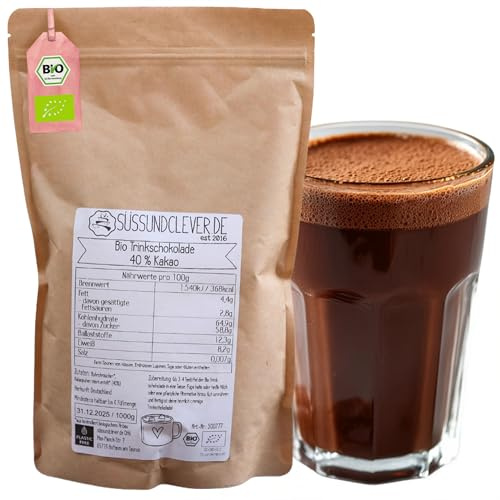 süssundclever.de® Bio Trinkschokolade | 1,0 kg | hoher Kakaoagehalt | Kakao | Kakaodrink | vegan | Kakaopulver | plastikfrei und ökologisch-nachhaltig abgepackt
