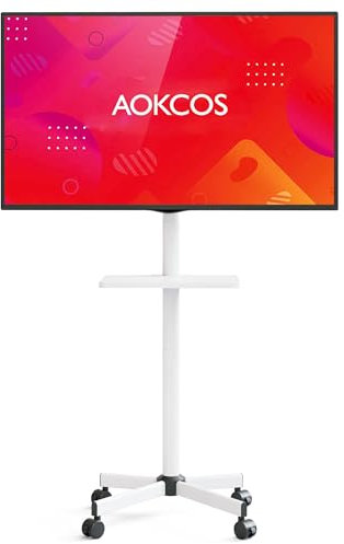 AOKCOS TV Ständer Rollbar für 32-65 Zoll Fernseher, TV Wagen mit Tablett, Fernsehständer Höhenverstellbar, Mobiler TV Standfuss mit Rollen, TV Rollwagen bis 40kg, Max. VESA 400x400mm (Weiß)