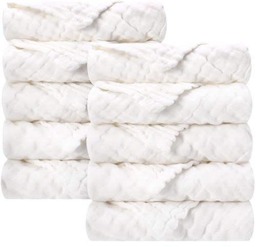 Kaisibum 10 Stück Spucktücher Baby, 50x25cm Baby Mulltücher, Waschlappen Baumwollwindeln Weiche Musselin, Weiß