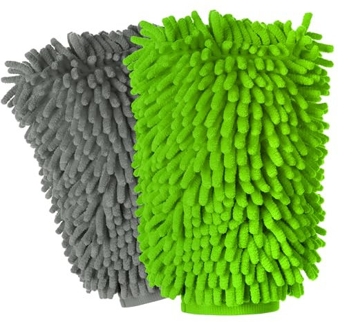 MR.SIGA Guanto per lavaggio auto in morbida ciniglia microfibra Premium, confezione da 2, grigio e verde
