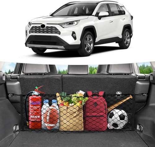 Canvcle Trunk Cargo Net for 2019-2025 Toyota RAV4 Accessories Envelope Style Mesh Trunk Net Organizer and Storage Stretchable Adjustable Elastic Nylon Rear Cargo Netting with Hooks